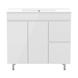 FLY комплект мебели 90см, белый: тумба напольная, 2 ящика, 1 дверца, корзина для белья + умывальник фото 2